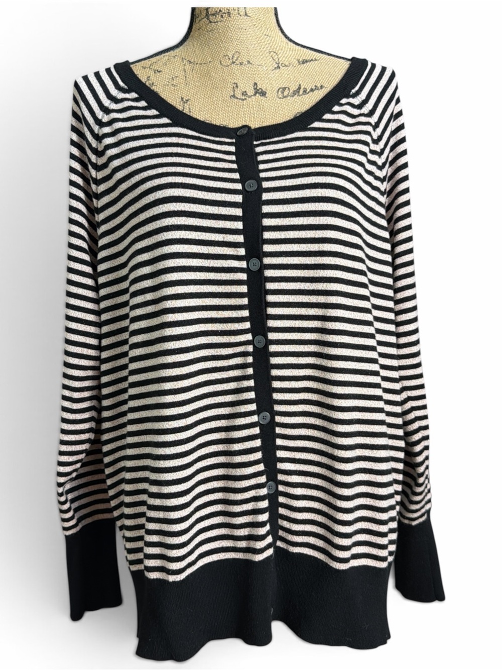 Lane Bryant Black Cream and gold Striped Button Front Sweater EC size 18/20